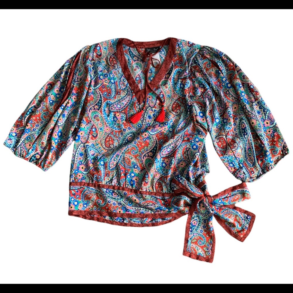 Vtg 80’s Diane Freis Georgette Blouse, L, Red multicolor, peasant sleeve, boho